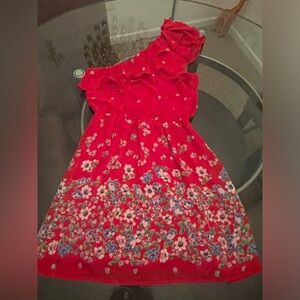 Eyelash Couture Ruffled Asymmetrical Red Floral Dress
